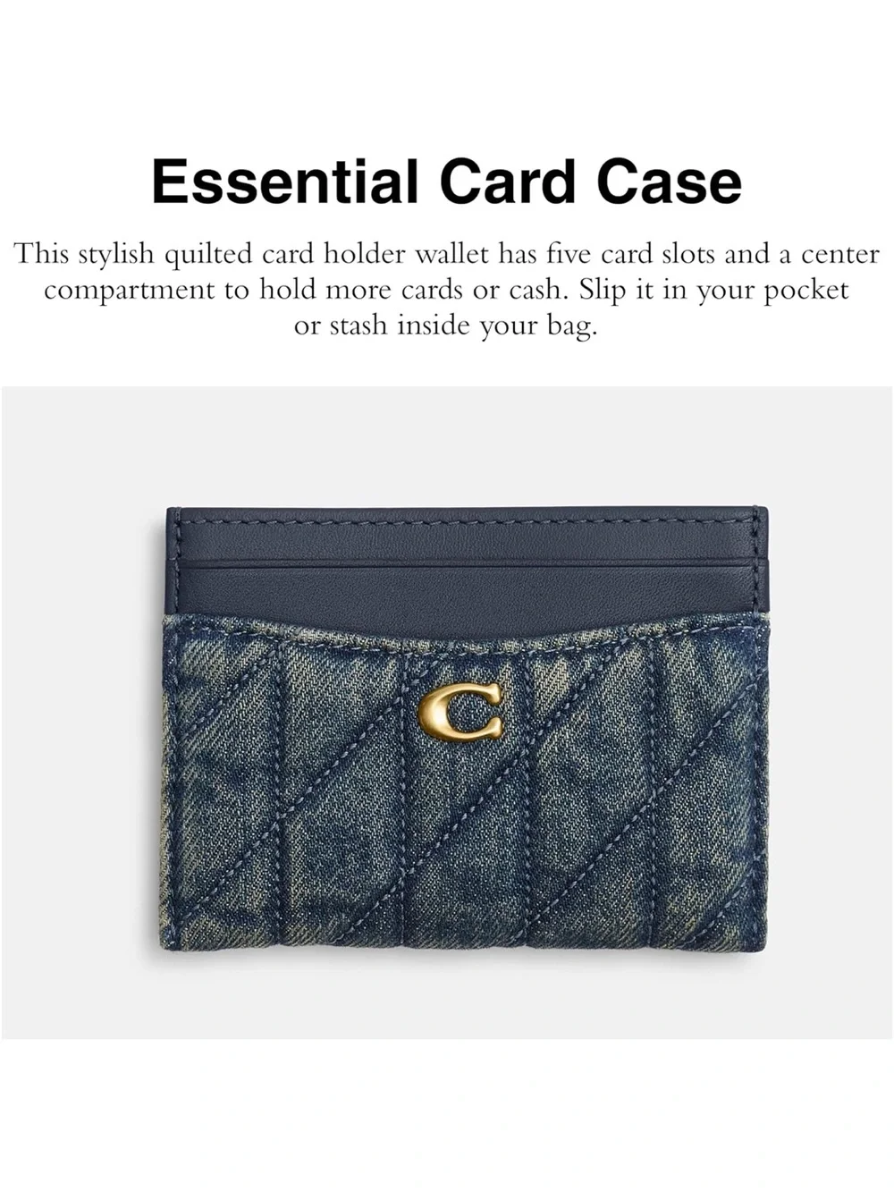 New Coach Quilted Denim and Navy Leather Dark Indigo Card Case with Gold 'C'